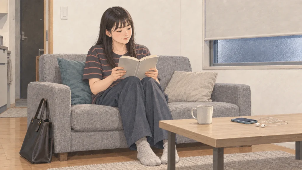 帰宅後の小さな居室で、読みかけの本を開いてひと息つく女性のイラスト