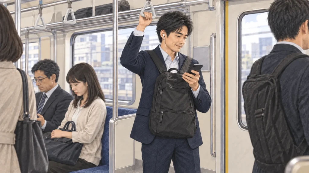 通勤電車の通路で吊革につかまり、朗読を聴いて穏やかに微笑む会社員のイラスト