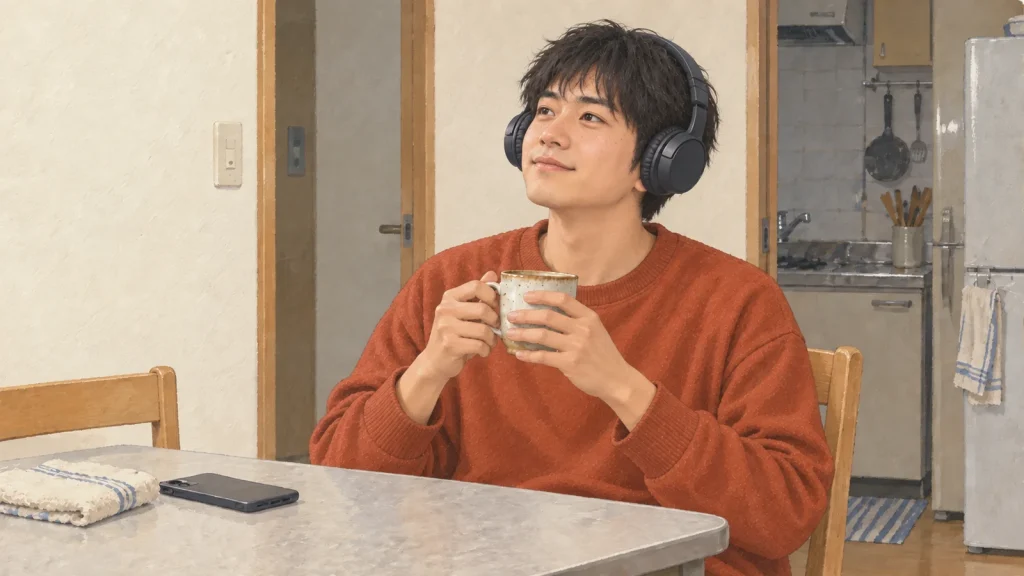 自宅のテーブルで音楽を聴きながらお茶を飲む男性のイラスト