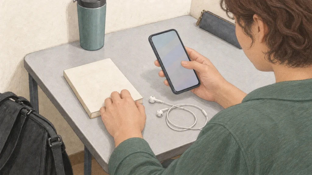 スマートフォンとイヤホンを手元に置き、音声サービスの利用情報を見る女性のイラスト
