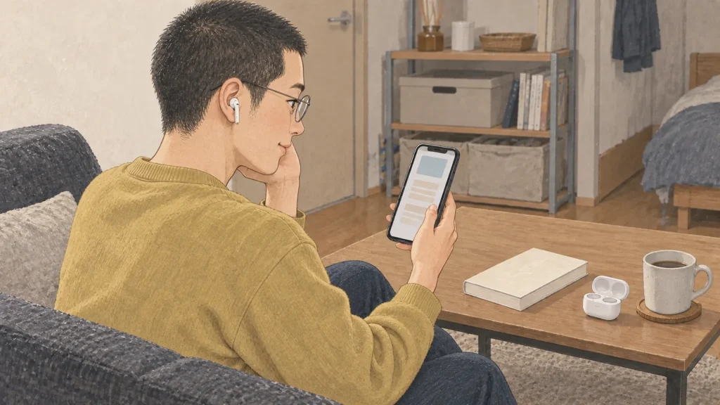 自宅の小さなテーブルで、イヤホンを使って本の音声を試す男性のイラスト