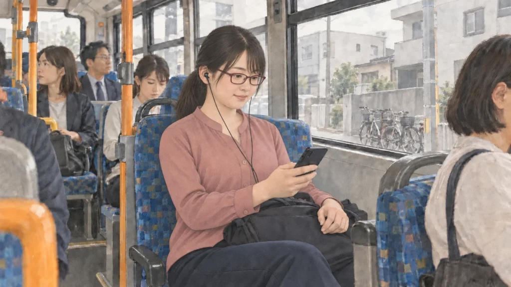 通勤バスの座席で、イヤホンで朗読を聴く女性のイラスト