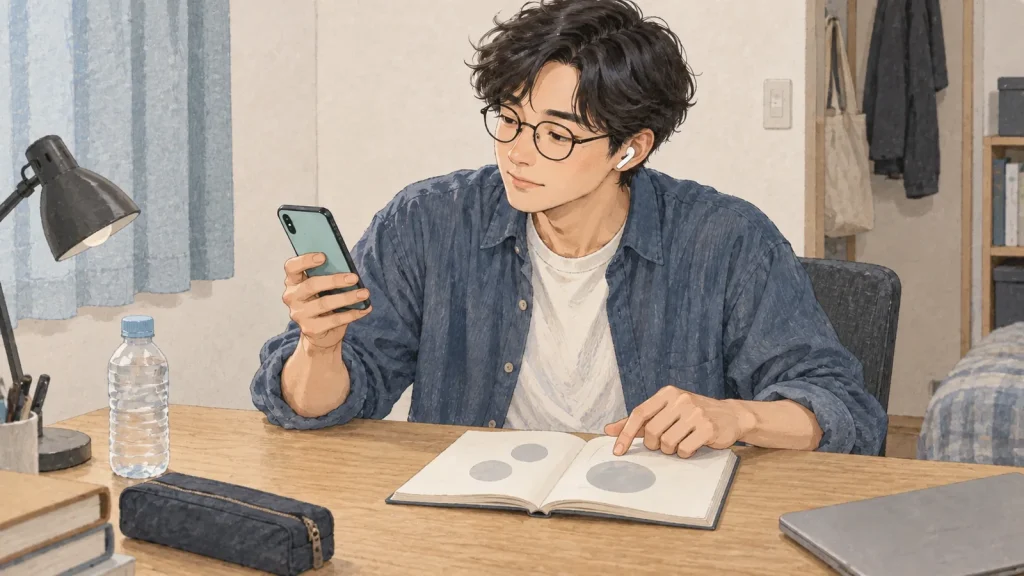 小さな机で、朗読を聴きながら資料を見直す男性のイラスト