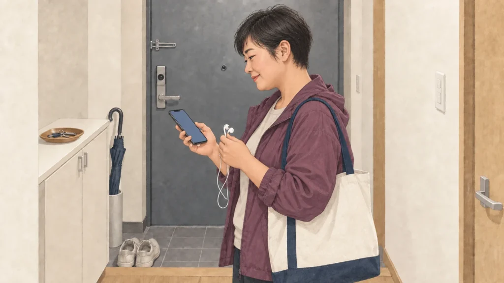 出勤前の小さな玄関でスマートフォンとイヤホンを確認する女性のイラスト