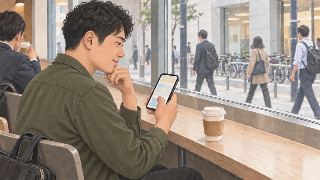 駅前のカフェで、スマートフォンの読み物を楽しむ男性のイラスト
