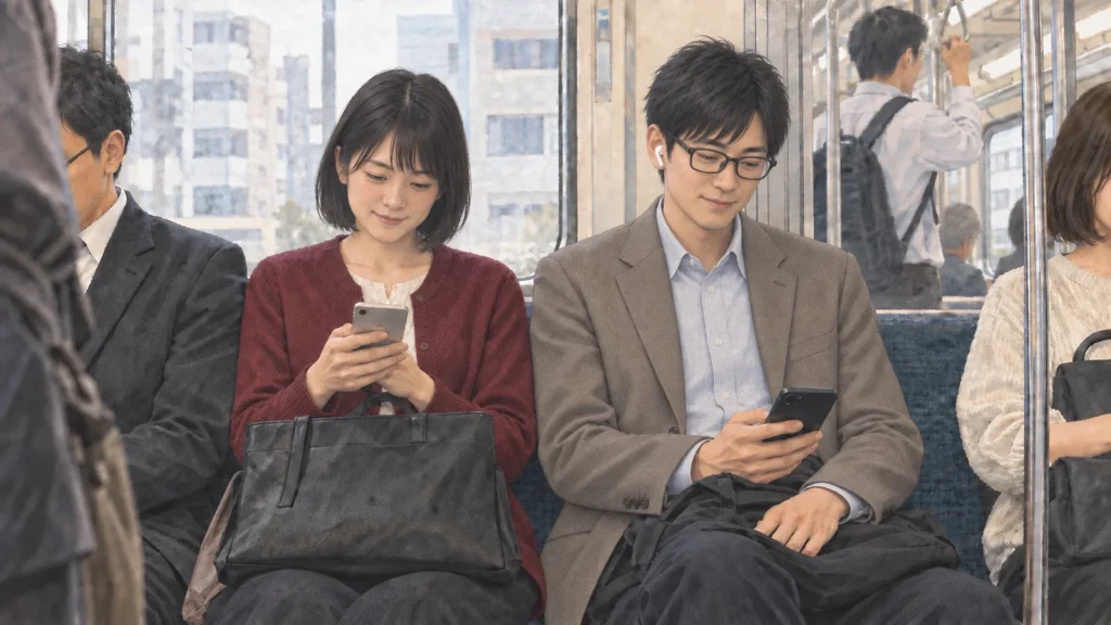 乗客が隣り合う通勤電車の座席で、スマートフォンの文章やイヤホンの朗読を楽しむ二人