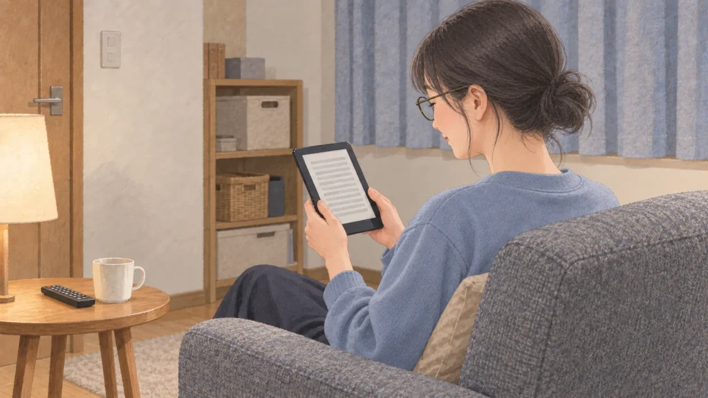 自宅の椅子で、自分へ向けた電子書籍端末の画面を読む女性のイラスト
