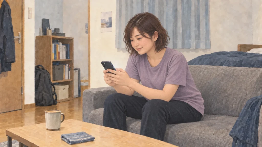 自宅のソファで、スマートフォンの電子書籍を読んで過ごす女性のイラスト
