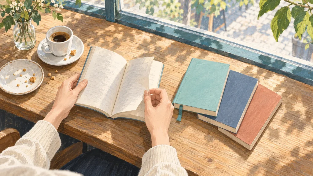 短編小説を開いた手元と、休憩のテーブルに並ぶ本のイラスト