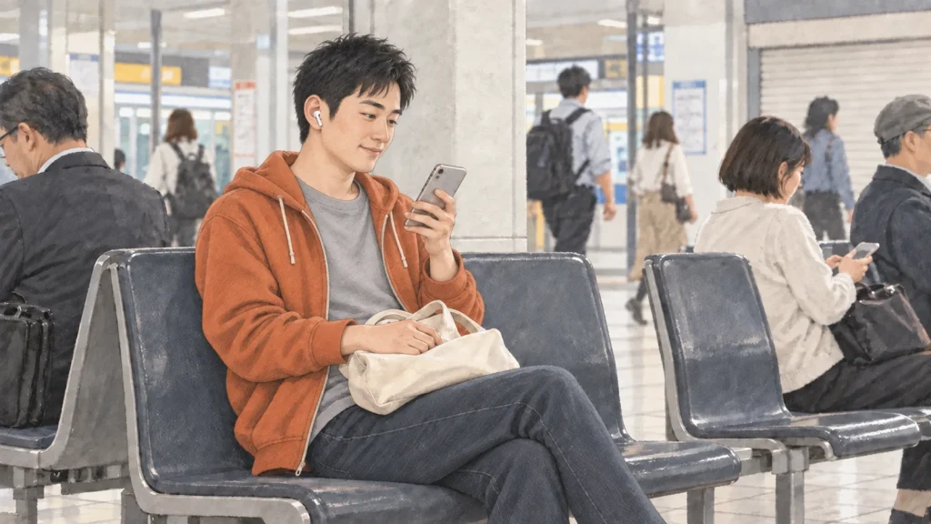 駅の待合スペースで、人を待ちながらスマートフォンを楽しむ男性のイラスト