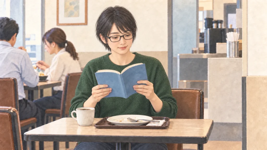 食後の店の席で漫画を開き、小さく笑う女性のイラスト
