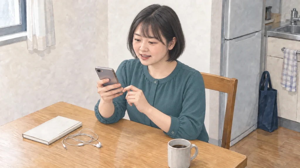 小さな自宅の食卓で、スマートフォンを見て英会話アプリを確かめる女性のイラスト