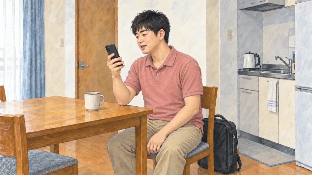 帰宅後の小さな食卓で、スマートフォンに短い英語を話しかける男性のイラスト