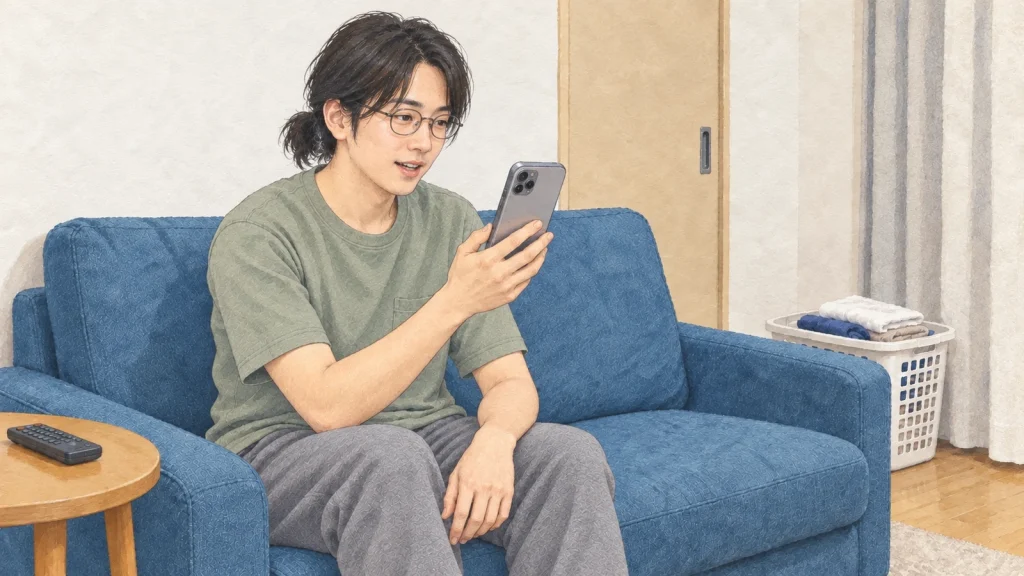自宅の小さなソファに座り、スマートフォンへ英語で近況を話す男性のイラスト