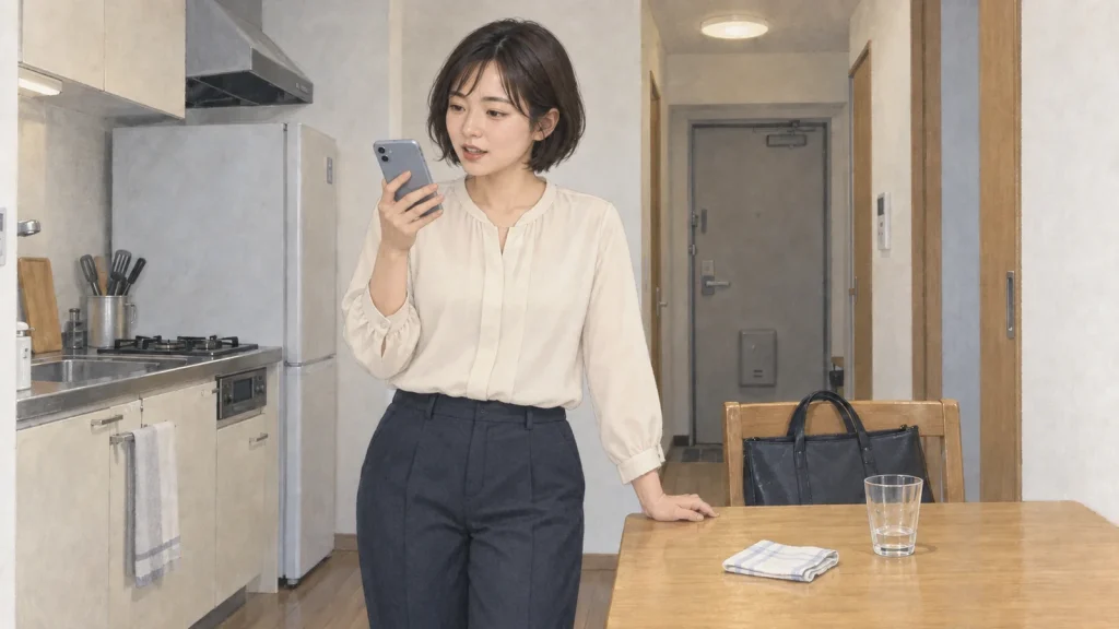 外出前の自宅で、スマートフォンに英語で短く返事をする女性のイラスト