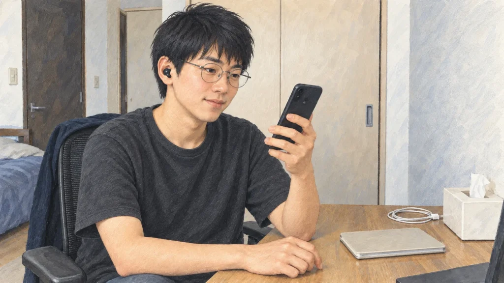 自宅の小さな机で、イヤホンから会話のきっかけを聞く男性のイラスト