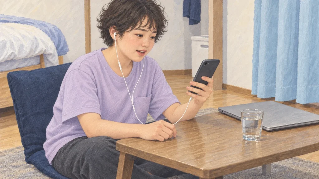 自宅の座椅子で、イヤホンの英語音声を聞きながら声にしてみる女性のイラスト
