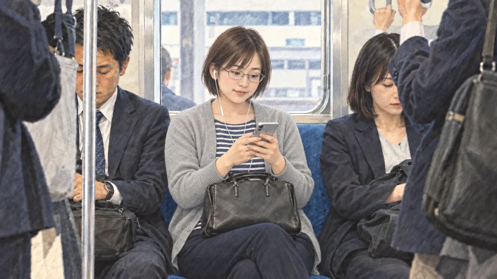 通勤電車の座席で鞄を膝に置き、イヤホンから英語の会話を聞く女性のイラスト