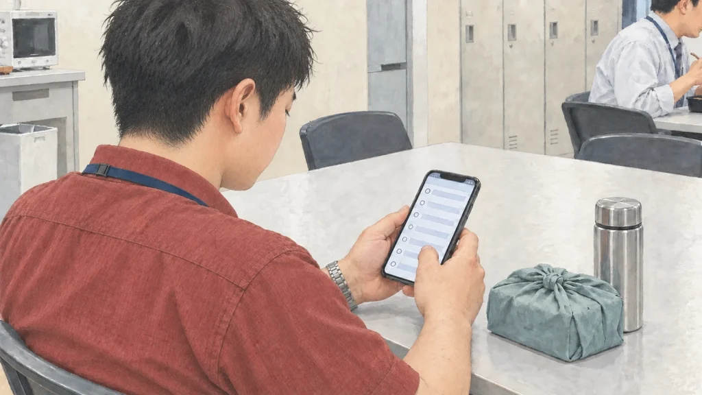 昼食後の休憩室で、スマートフォンのアンケートを確認する男性の手元のイラスト