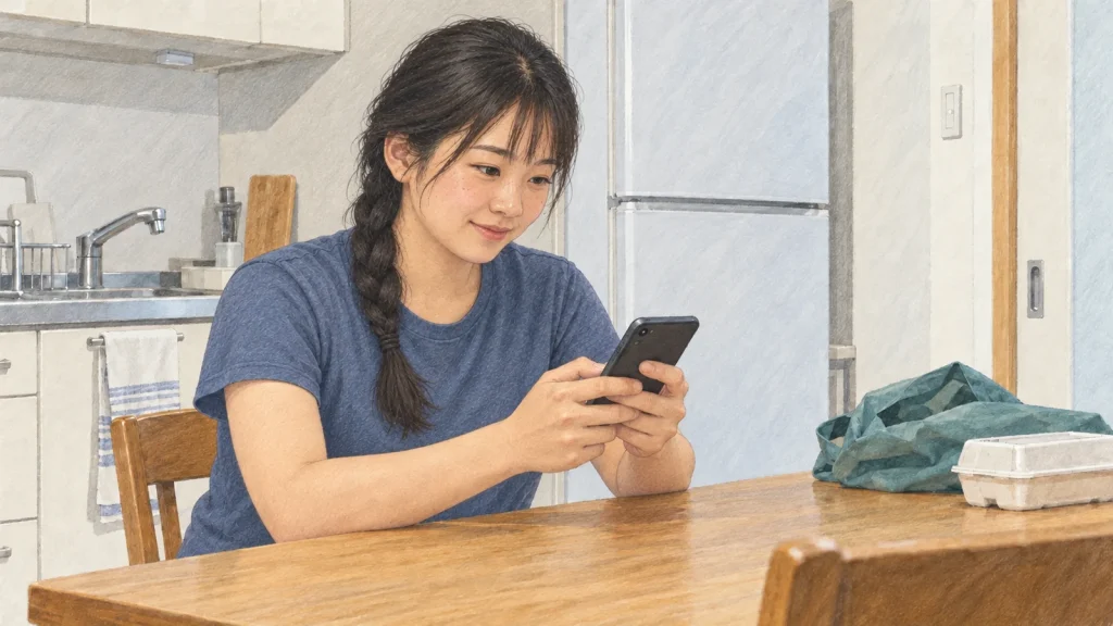買い物を片づけた自宅の食卓で、スマートフォンのアンケートに答える女性のイラスト