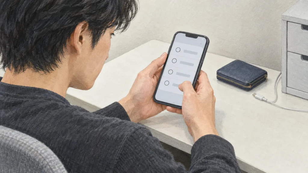 自宅の机で、スマートフォンのポイント交換案内を確認する手元のイラスト