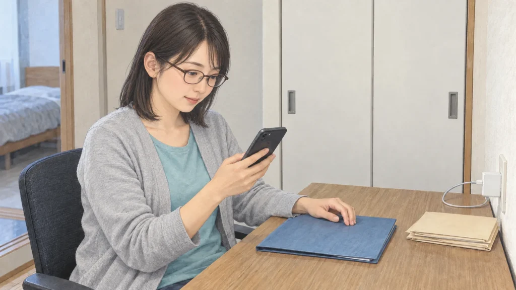自宅の机で、アンケート登録前の説明をスマートフォンで読む女性のイラスト