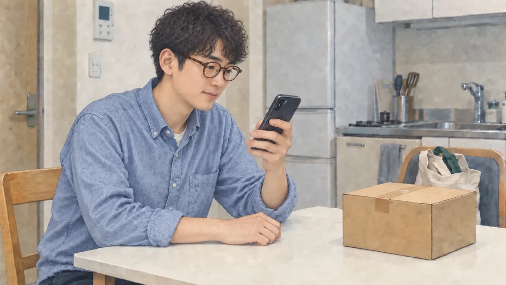 自宅の食卓で小包をそばに置き、スマートフォンからポイ活の条件を読む男性のイラスト