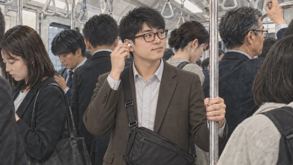 混み合う通勤電車で支柱につかまり、穏やかな表情でイヤホンを外す男性