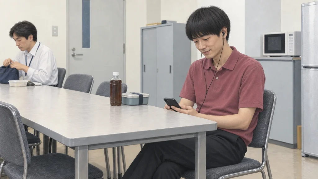 昼休みの共用休憩室で、イヤホンから音楽を聞いて少し気分を変える男性のイラスト