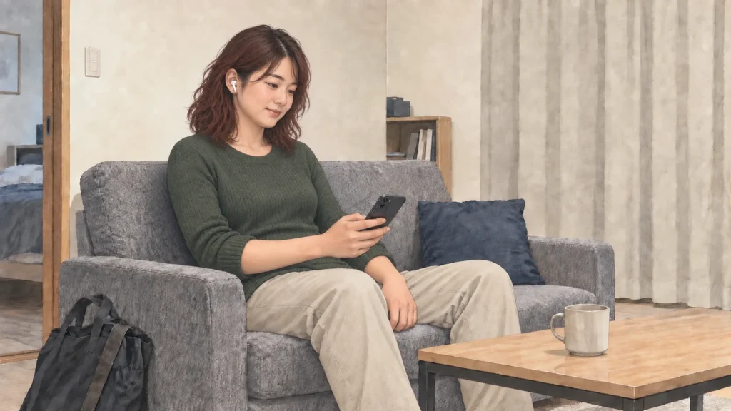小さな自宅のソファで、イヤホンを使って短編の朗読を聴く女性のイラスト