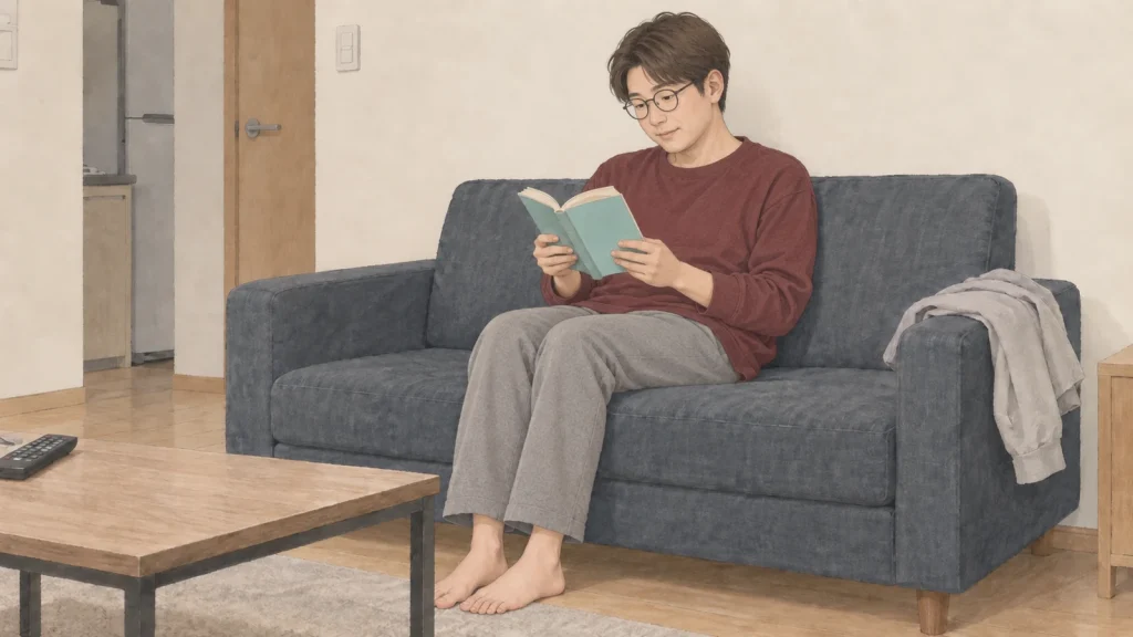 自宅の小さなソファで、予定までの空きに漫画を読む男性のイラスト