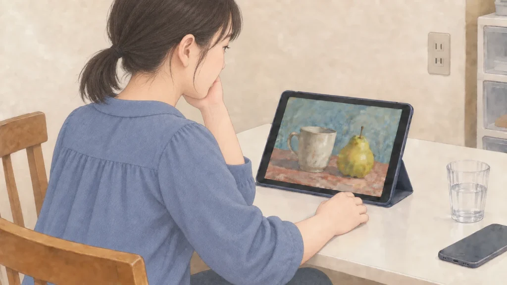 普通の自宅の小さなテーブルで、タブレットに表示した絵を眺める女性のイラスト