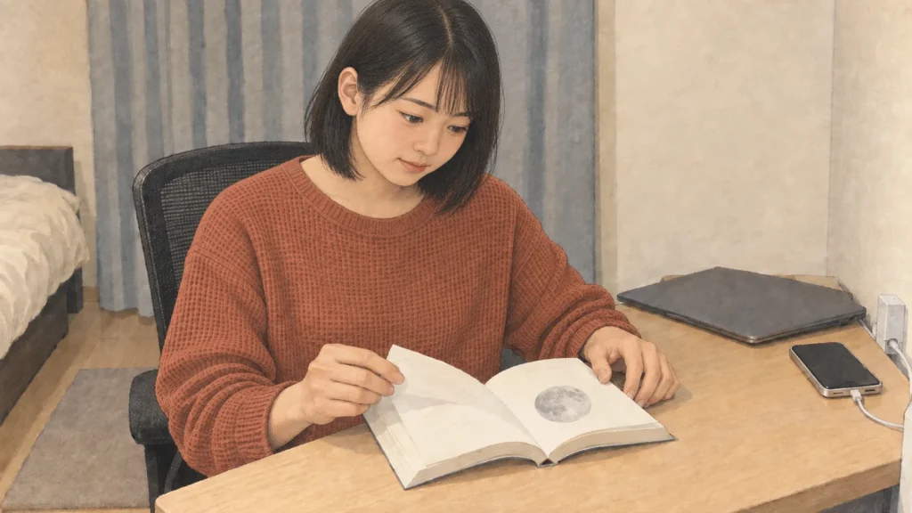夜の自宅の机で、月の図が載った科学の本を開く女性のイラスト