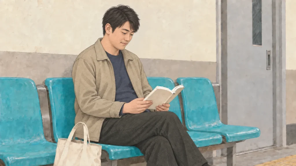 駅の待合ベンチで電車を待ちながら、エッセイを読む男性のイラスト