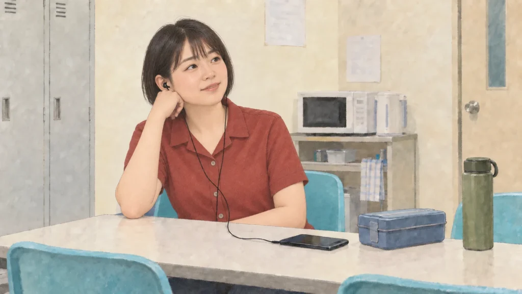 昼休みの休憩スペースで、イヤホンから落語を聴く女性のイラスト