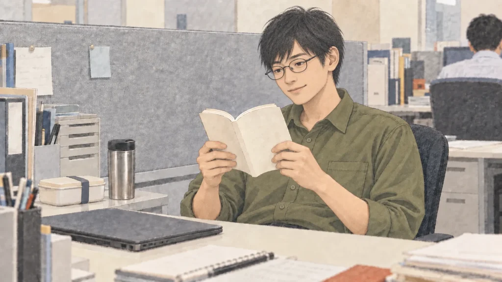 昼休みの机で小さなエッセイ本を読み、少し笑う男性のイラスト