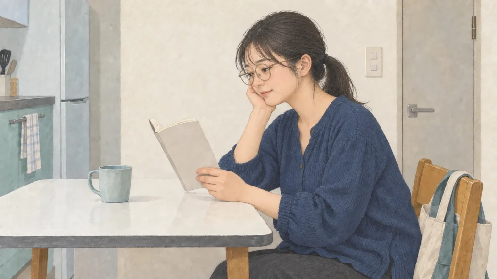 自宅の食卓で小さな詩集をめくり、短い読書をする女性のイラスト