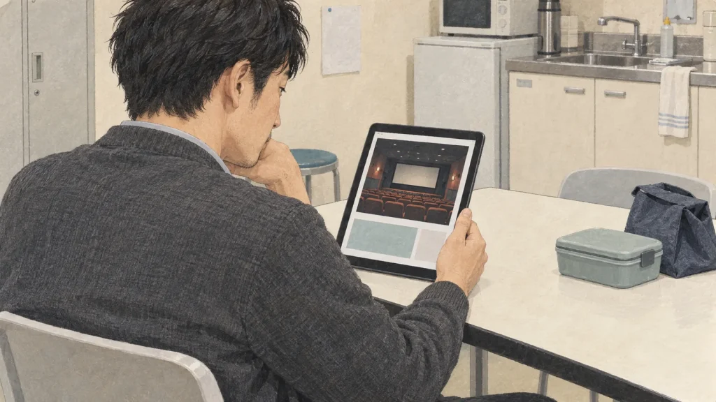 休憩スペースの机で、タブレットに表示した映画特集の雑誌を眺める男性のイラスト