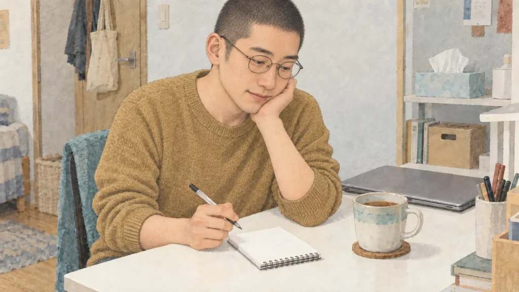 小さな自宅の机で、ぬるくなったお茶の横にメモを広げて言葉を考える男性のイラスト