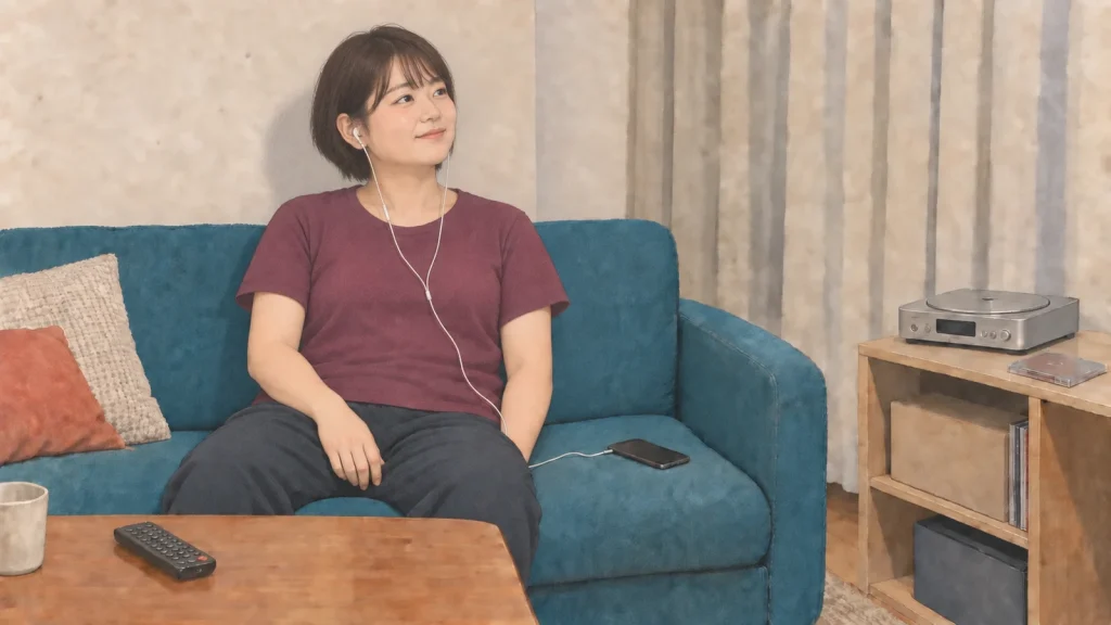 自宅のソファに座り、イヤホンでアルバムを流して過ごす女性のイラスト