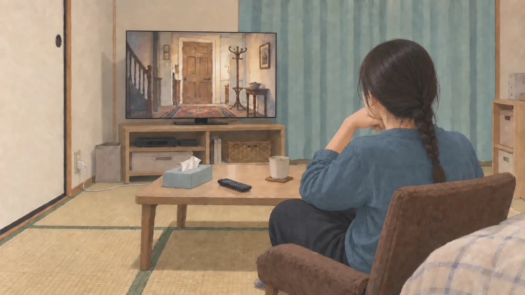 小さな自宅のリビングで、海外ドラマを一話見る女性のイラスト