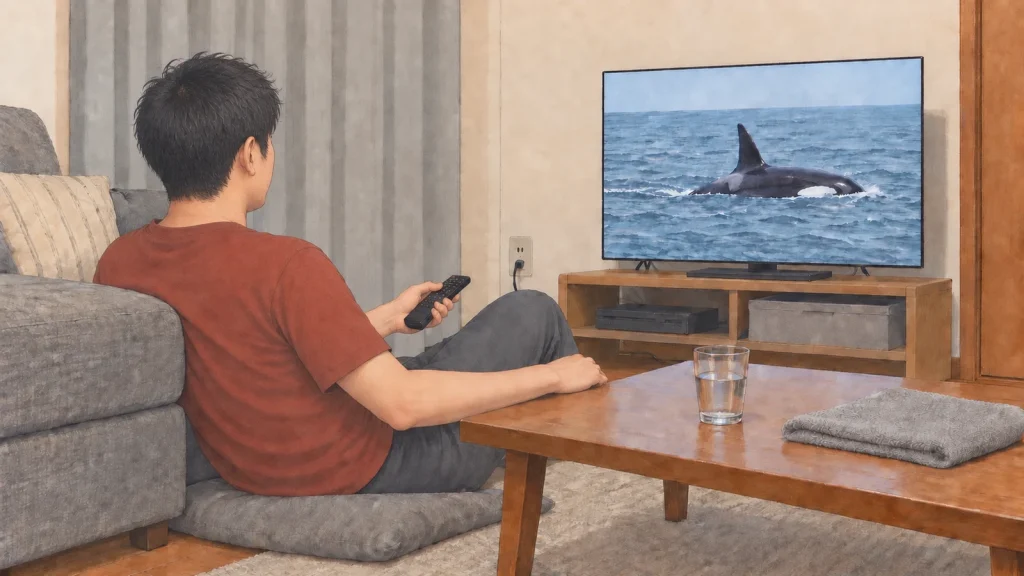 普通の自宅の部屋で、シャチが映る自然番組を眺める男性のイラスト