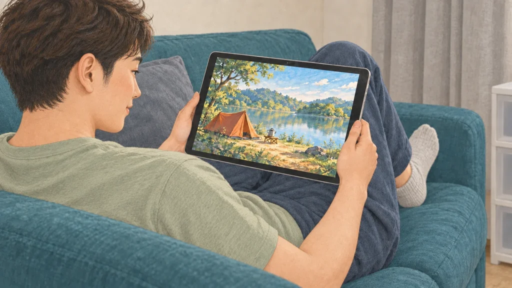 自宅のソファで膝にタブレットを載せ、アニメを一話見る男性のイラスト