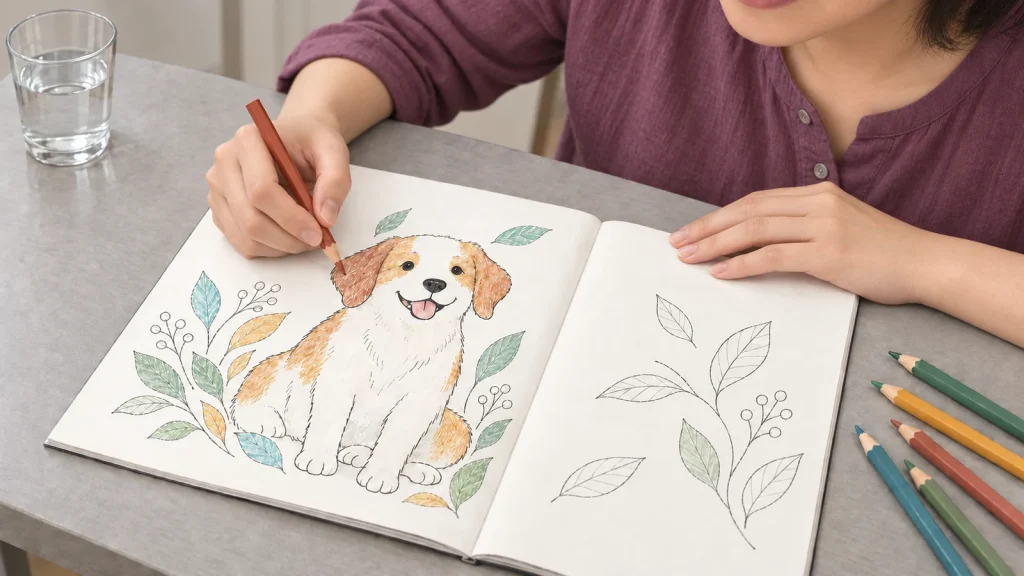 自宅の机で、色鉛筆を使って犬の塗り絵を少しずつ塗る手元のイラスト