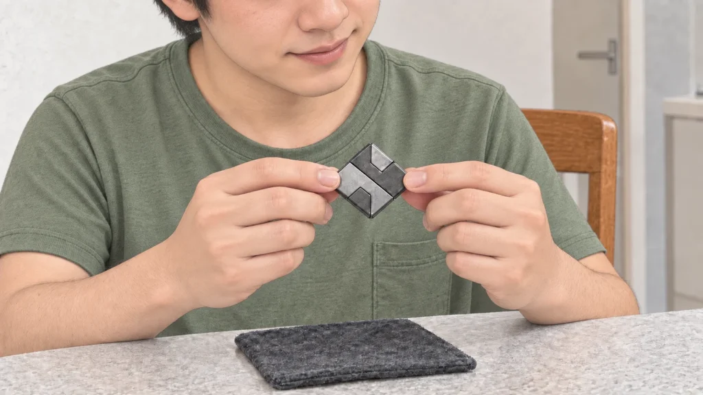 自宅の小さなテーブルで、手のひらサイズの金属パズルを触って過ごす手元のイラスト