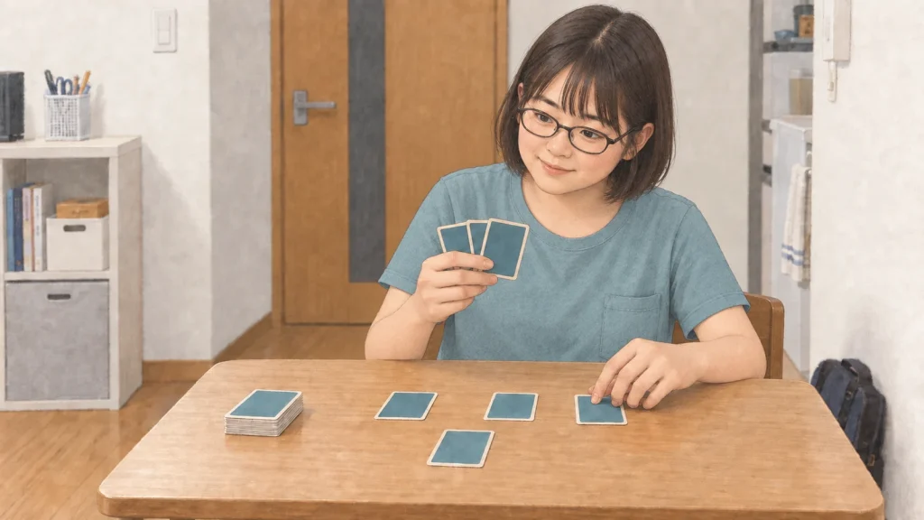 自宅の小さなテーブルで、一人用カードゲームの次の手を考える女性のイラスト