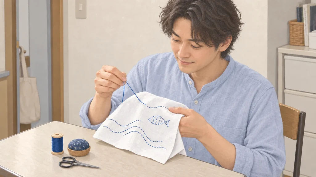 小さな自宅の机で、作りかけの刺し子の布を手に持って縫う男性のイラスト