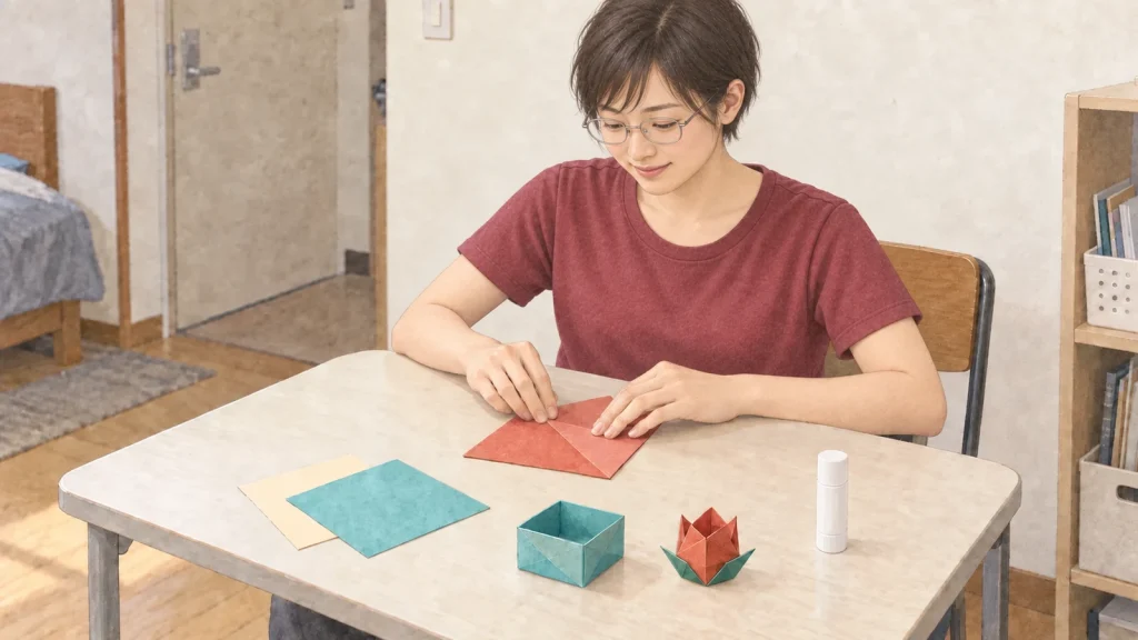 普段使いの小さなテーブルで、折り紙の小箱や花を作る女性のイラスト