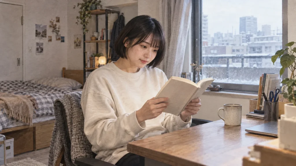 冬の短い休憩に小説の続きを読んでいる20代女性