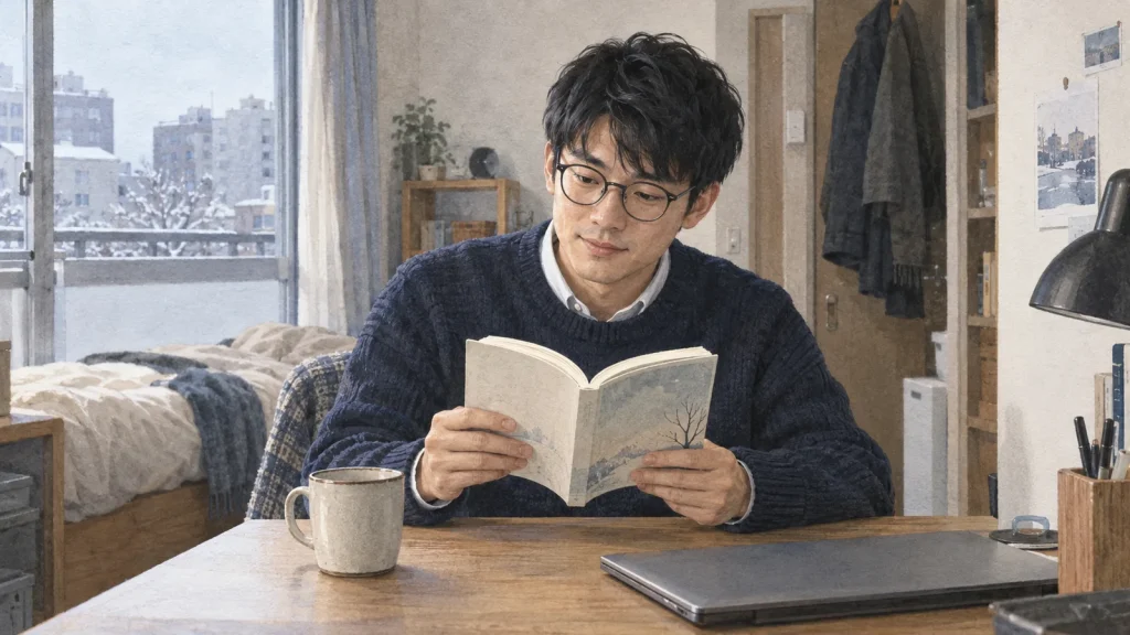 冬の短い休憩に文庫を開く20代男性